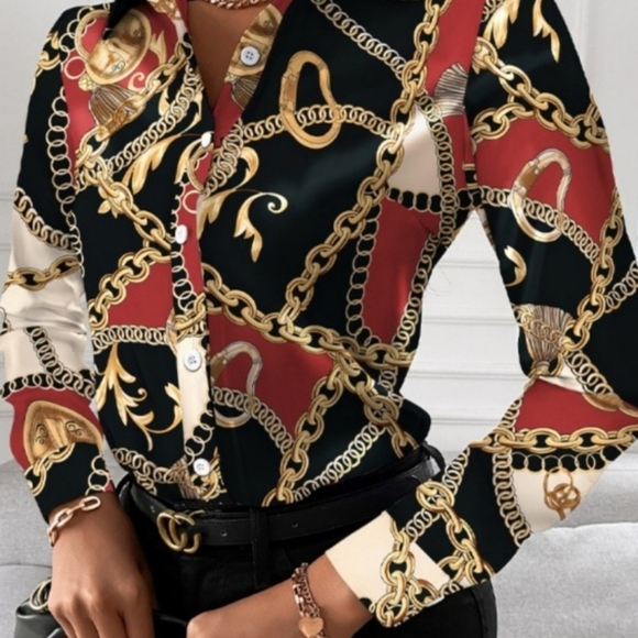 Classy Chain Print Long Sleeve Button Up Blouse - Picture 2 of 4